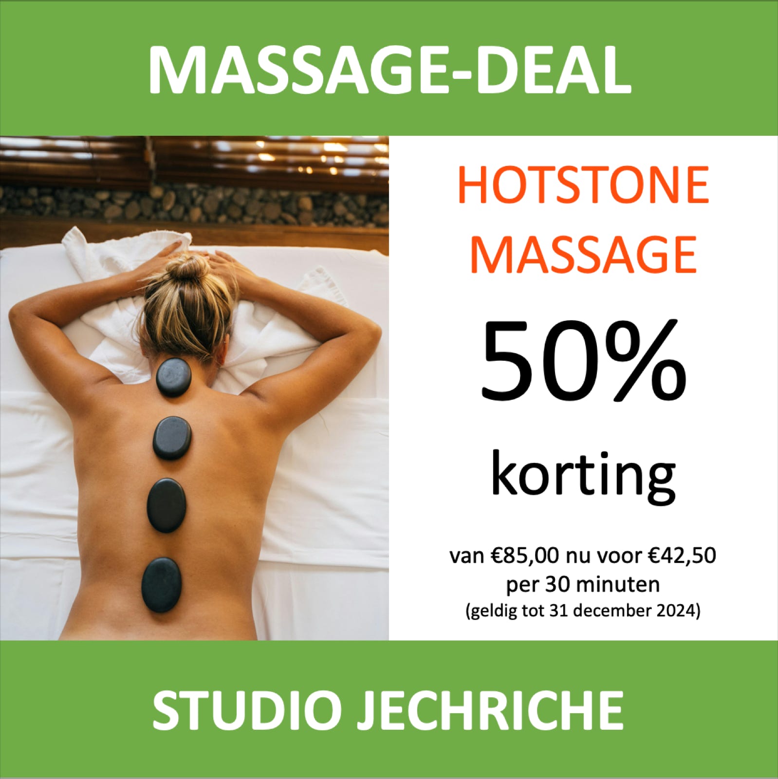 50% korting op een hotstone massage in onze studio in Almere.